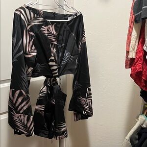 Black and Cream Leaf Print Romper